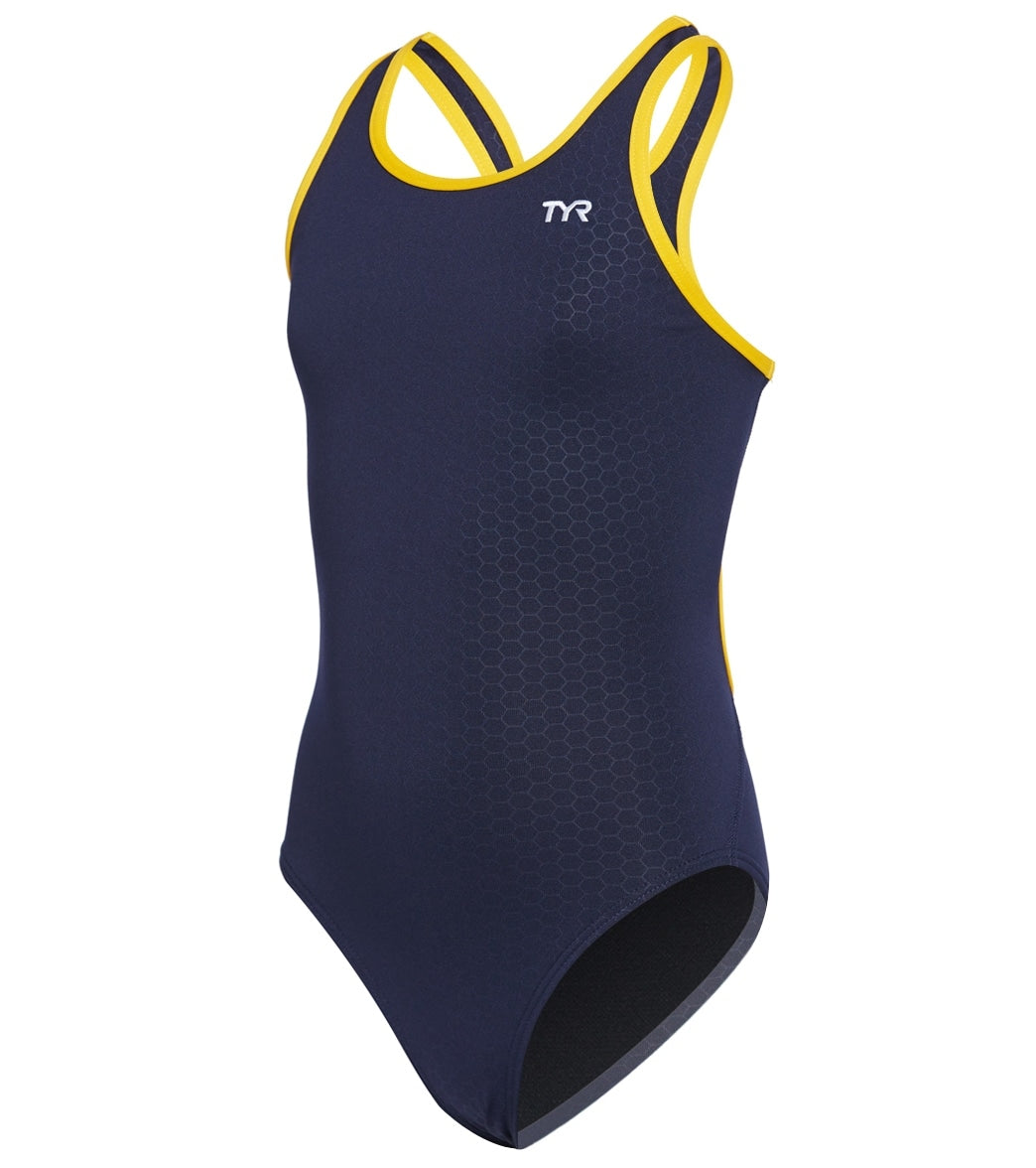 TYR Girls' Hexa Maxfit One Piece Swimsuit Navy/Gold at