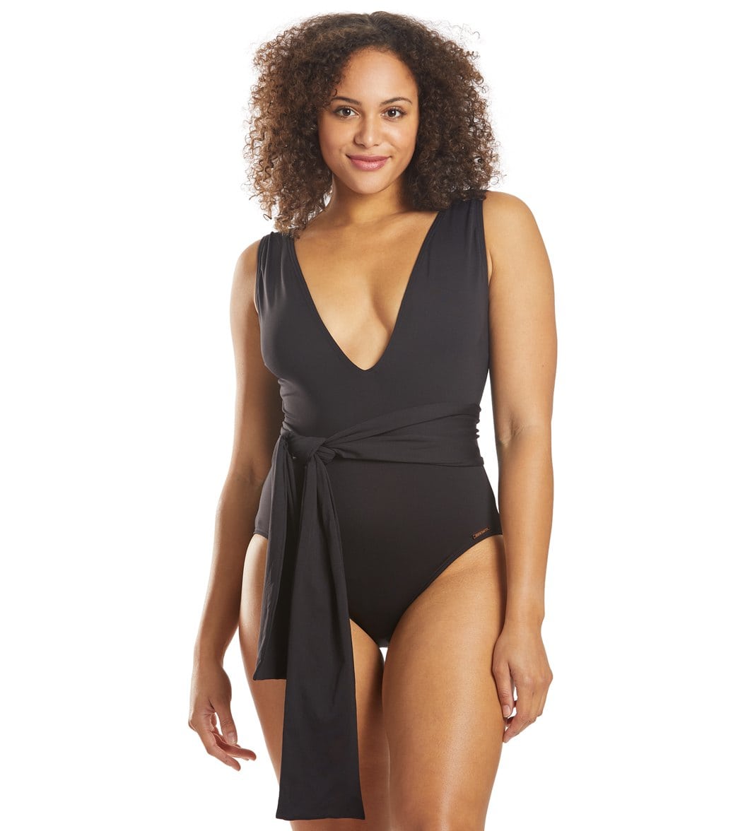Vince Camuto Tropic Tones Belted Plunge One Piece Swimsuit