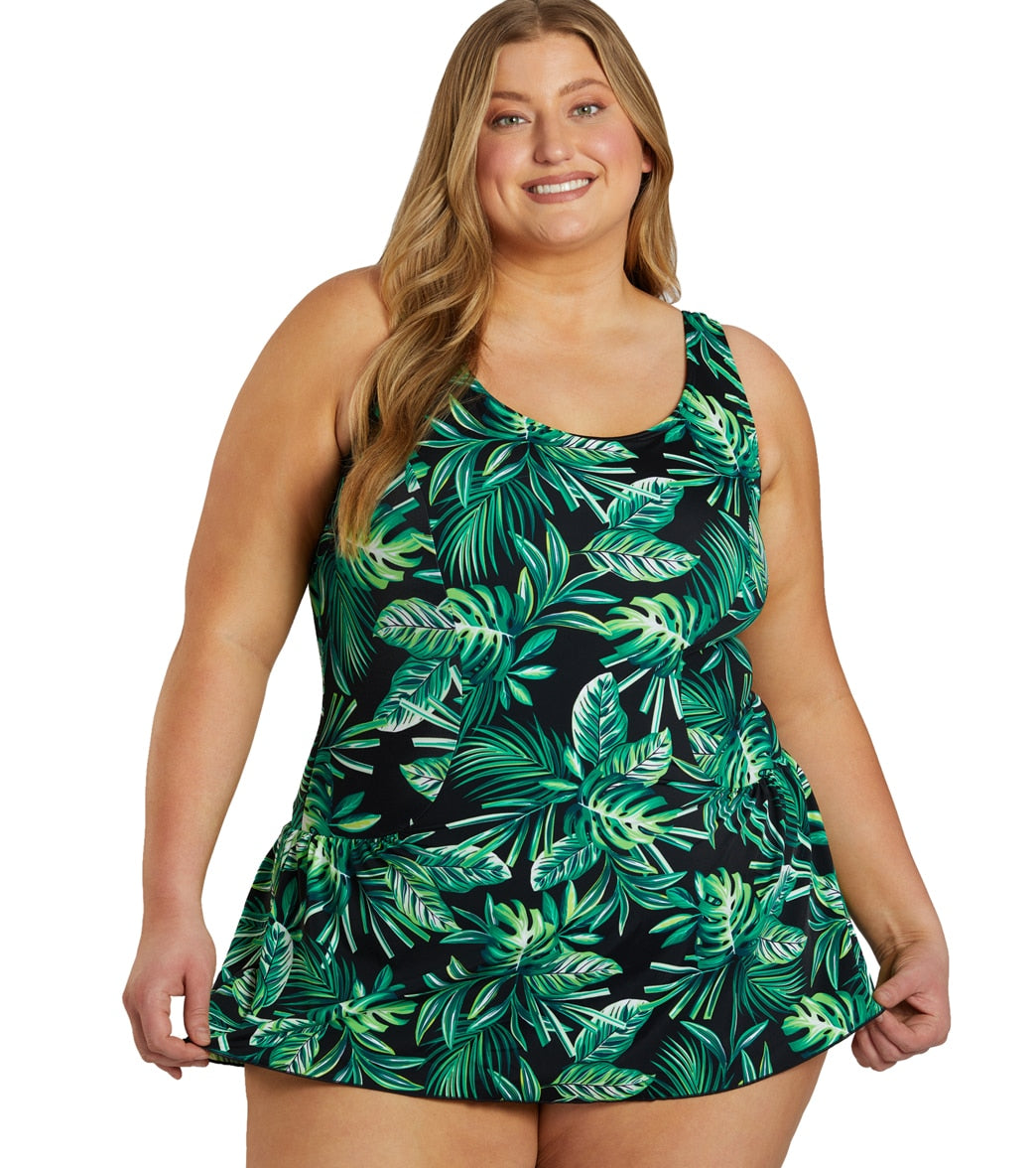 Sporti Plus Size?Tropical?Palm Leaf Swim Dress