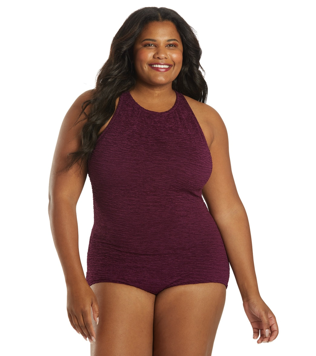 Penbrooke Krinkle Plus Size Chlorine Resistant High Neck One Piece