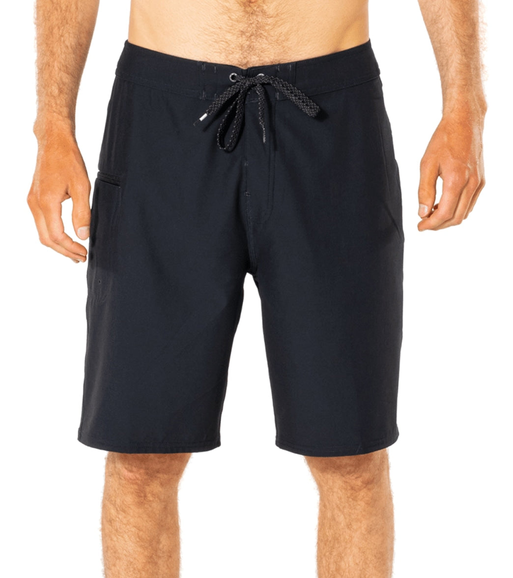 A pair of black men's board shorts. The image highlights the design and fit of the shorts, focusing on features such as the drawstring waistband, knee-length cut, and side pocket.