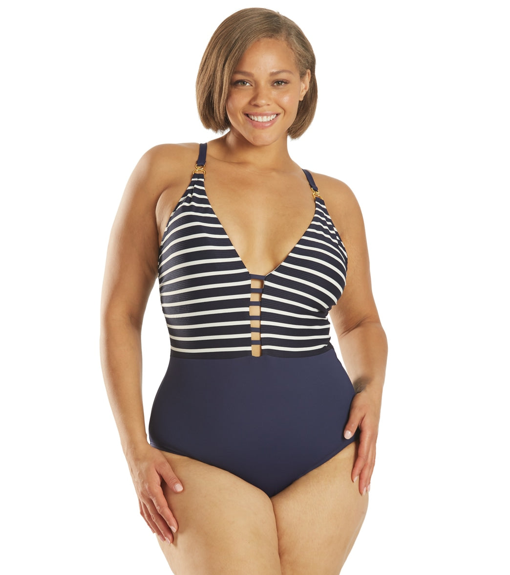 La Blanca Womens Plus Size Capri Stripe Plunge One Piece Swimsuit