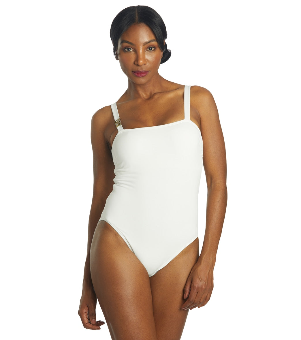 Michael Kors Womens Logo Solid Over the Shoulder One Piece Swimsuit