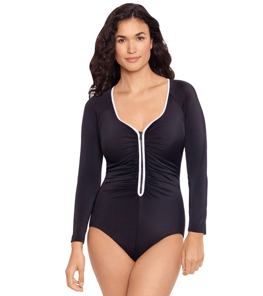 Swimsuits For All Women's Plus Size Chlorine Resistant Zip Front Long  Sleeve Swim Shirt - 26, Black : Target
