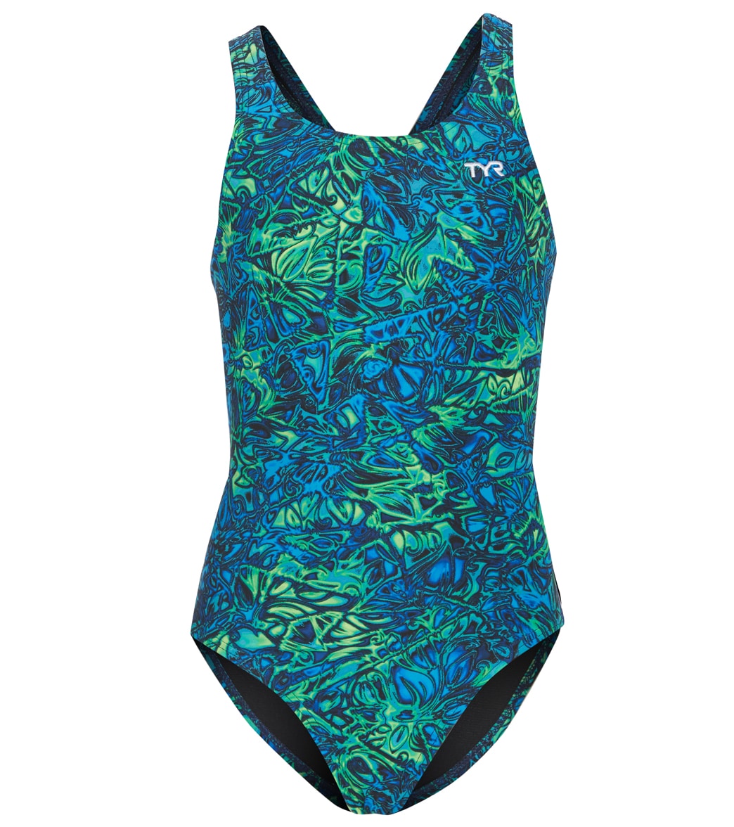 TYR Girls' Nebulous Maxfit One Piece Swimsuit Blue/Green at SwimOutlet.com