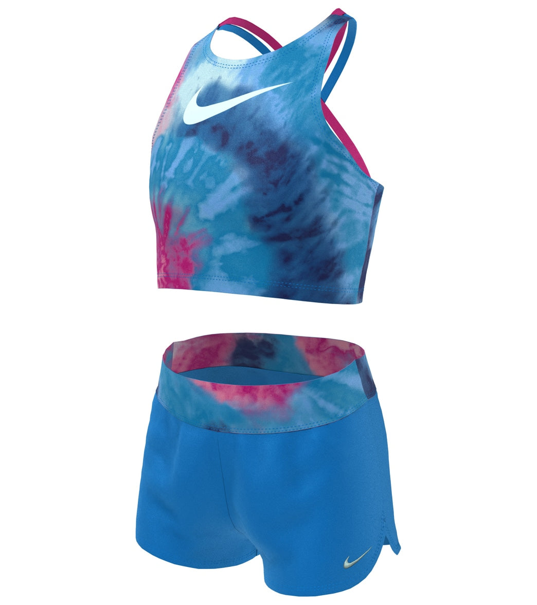 Nike Girls' Tie Dye Spiderback Two Piece Mid Bikini Set (Big Kid) at