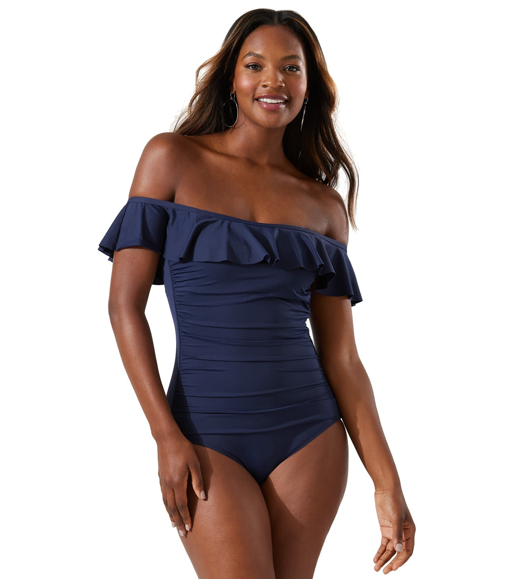 Tommy Bahama Womens Pearl Solids Off The Shoulder One Piece Swimsuit