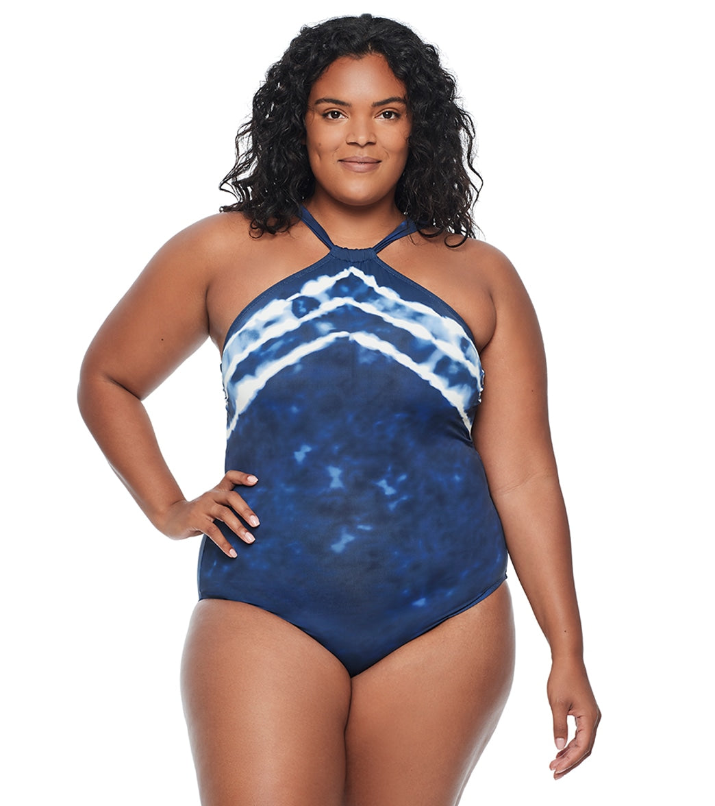 Lauren Ralph Lauren Womens Plus Size Shoreline Stripe High Neck One Piece Swimsuit