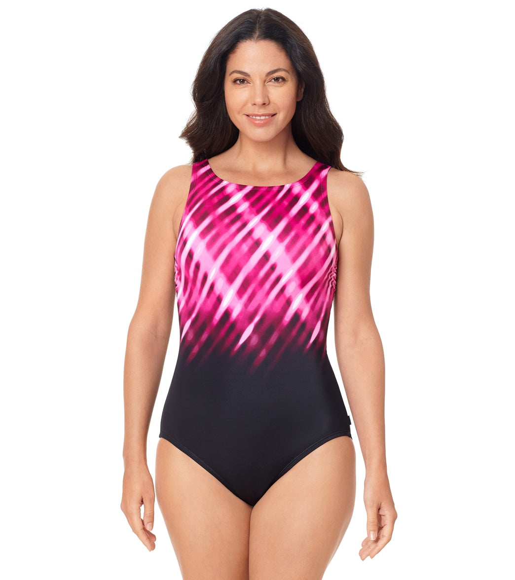 Reebok Women's Sea Plaid High Neck One Piece Swimsuit Pink at