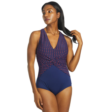 Gabar Woman's Chlorine Resistant Deep Water Dot Draped Twist V Neck One  Piece Swimsuit at