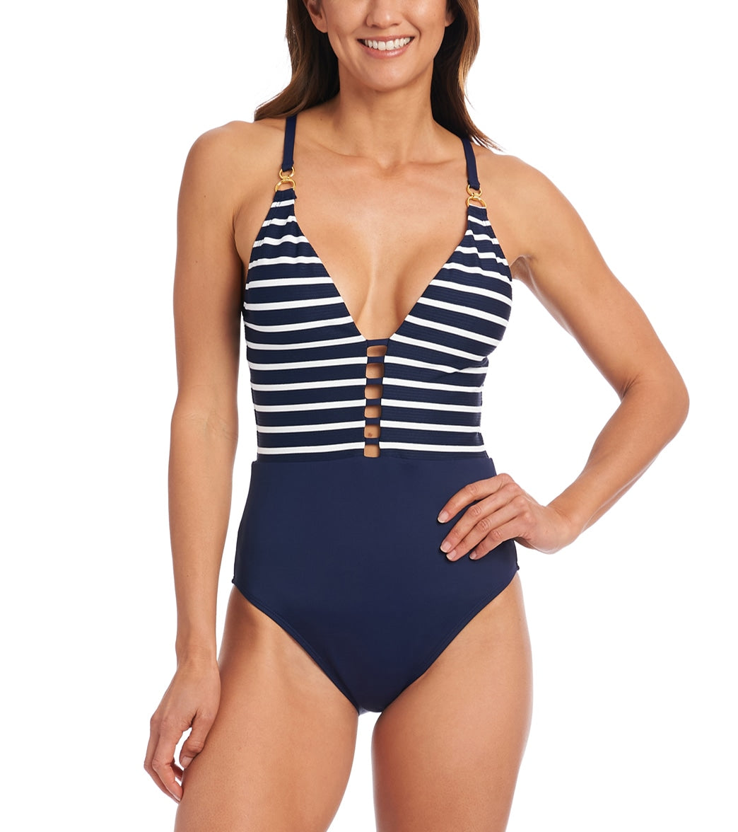 La Blanca Womens Capri Stripe Plunge One Piece Swimsuit