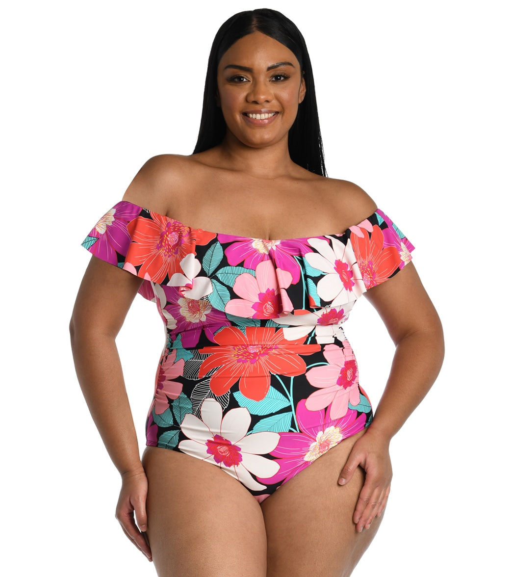 La Blanca Womens Plus Size In Full Bloom Off The Shoulder One Piece Swimsuit
