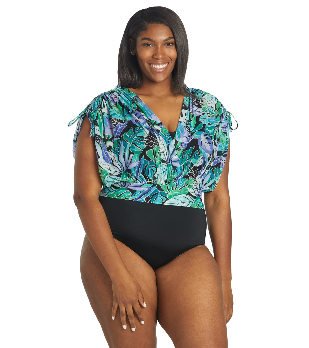 Fit4U Womens Plus Size Palms Mesh Overlay Tank One Piece Swimsuit