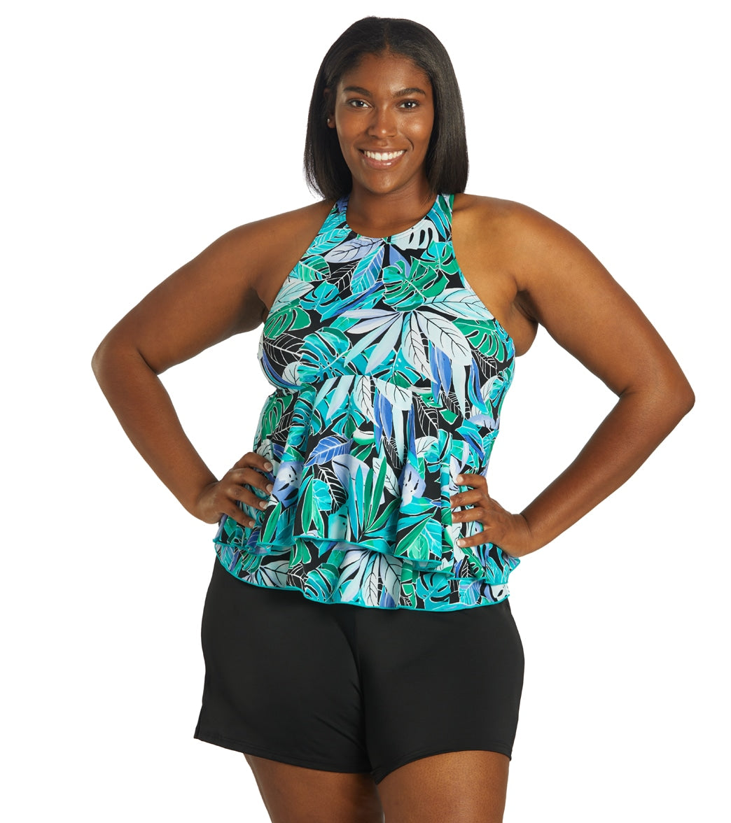 gen Tahiti Alle sammen Fit4U Women's Plus Size Palms High Neck Two Tiered Tankini Top at  SwimOutlet.com