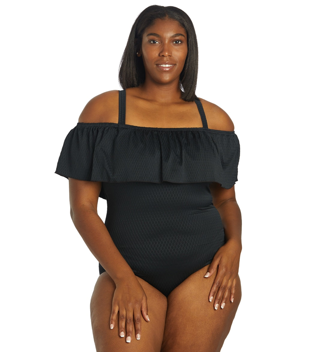 Fit4U Womens Plus Size Solid Texture Off Shoulder Tank One Piece Swmsuit