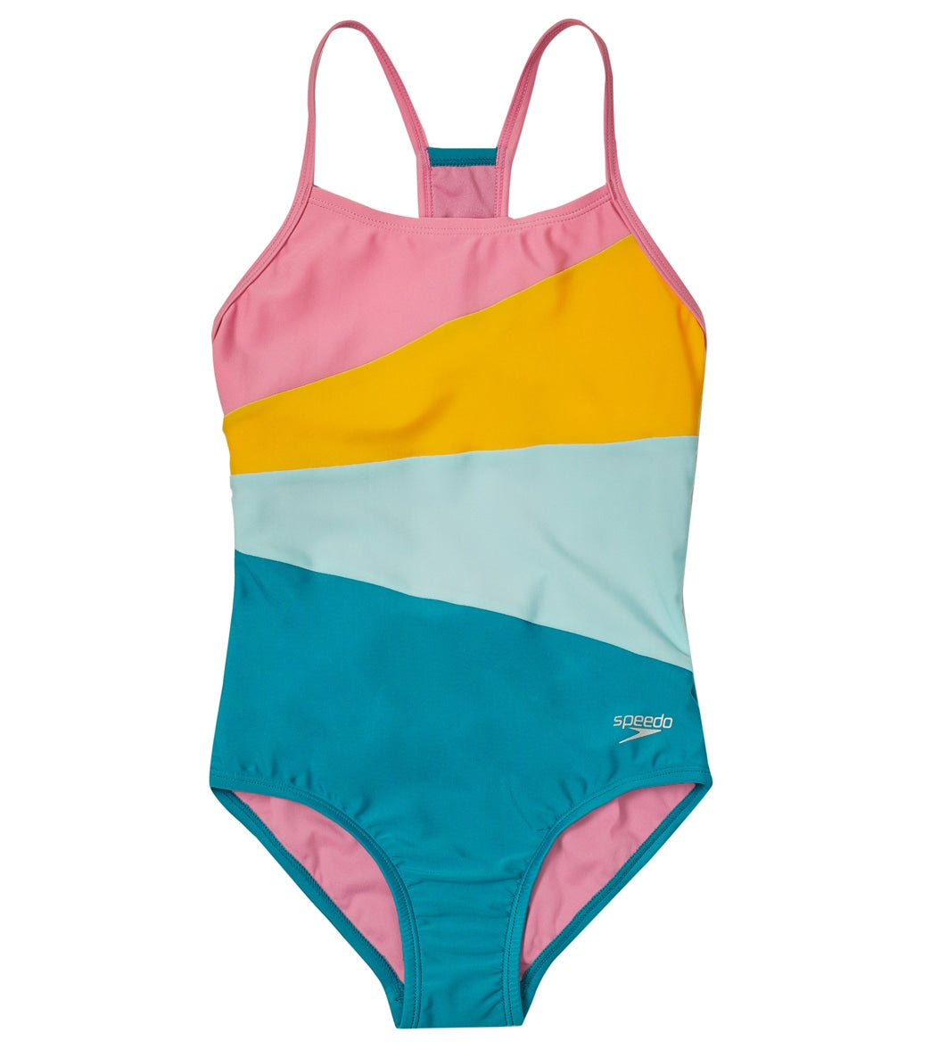 Speedo Girls' Solid Radiating Splice One Piece Swimsuit (Big Kid) Enamel Blue at