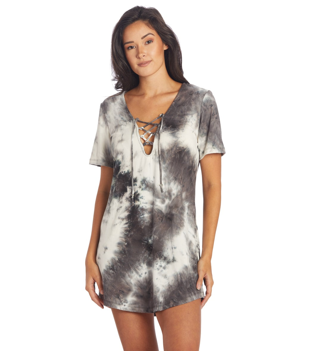 J.Valdi Womens Tie Dye Short Sleeve Lace Neck Tunic Cover Up