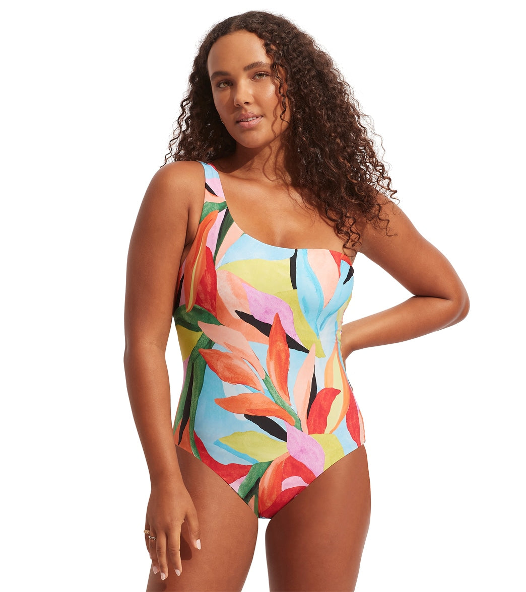 Seafolly Womens Tropfest Reversible One Shoulder One Piece Swimsuit