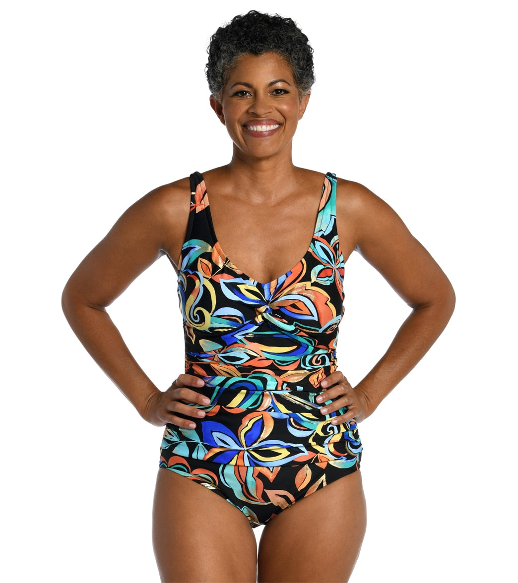 Maxine Womens Watercolor Expressions Twist Front One Piece Swimsuit