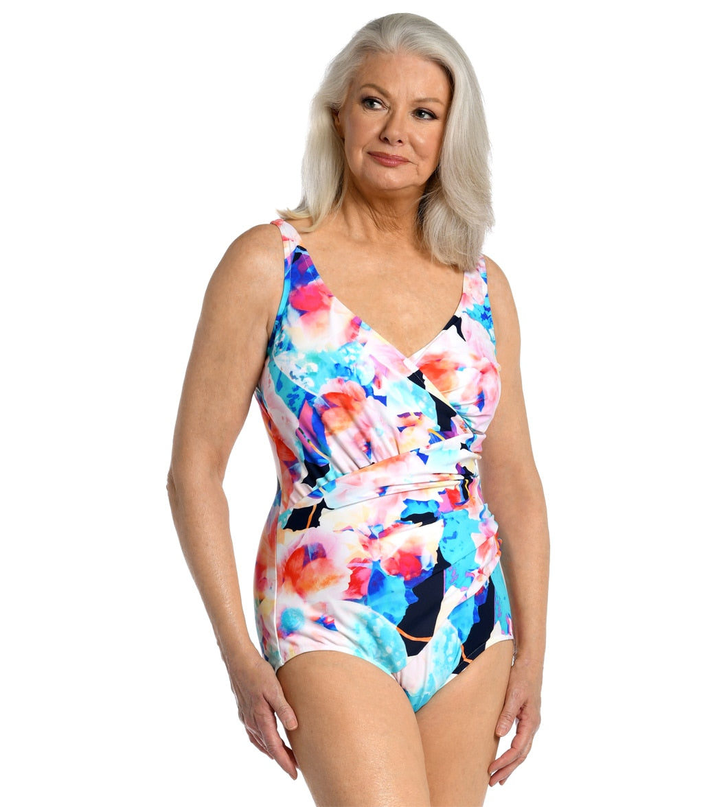 Maxine Womens Illusion Blossoms Shirred Surplice One Piece Swimsuit