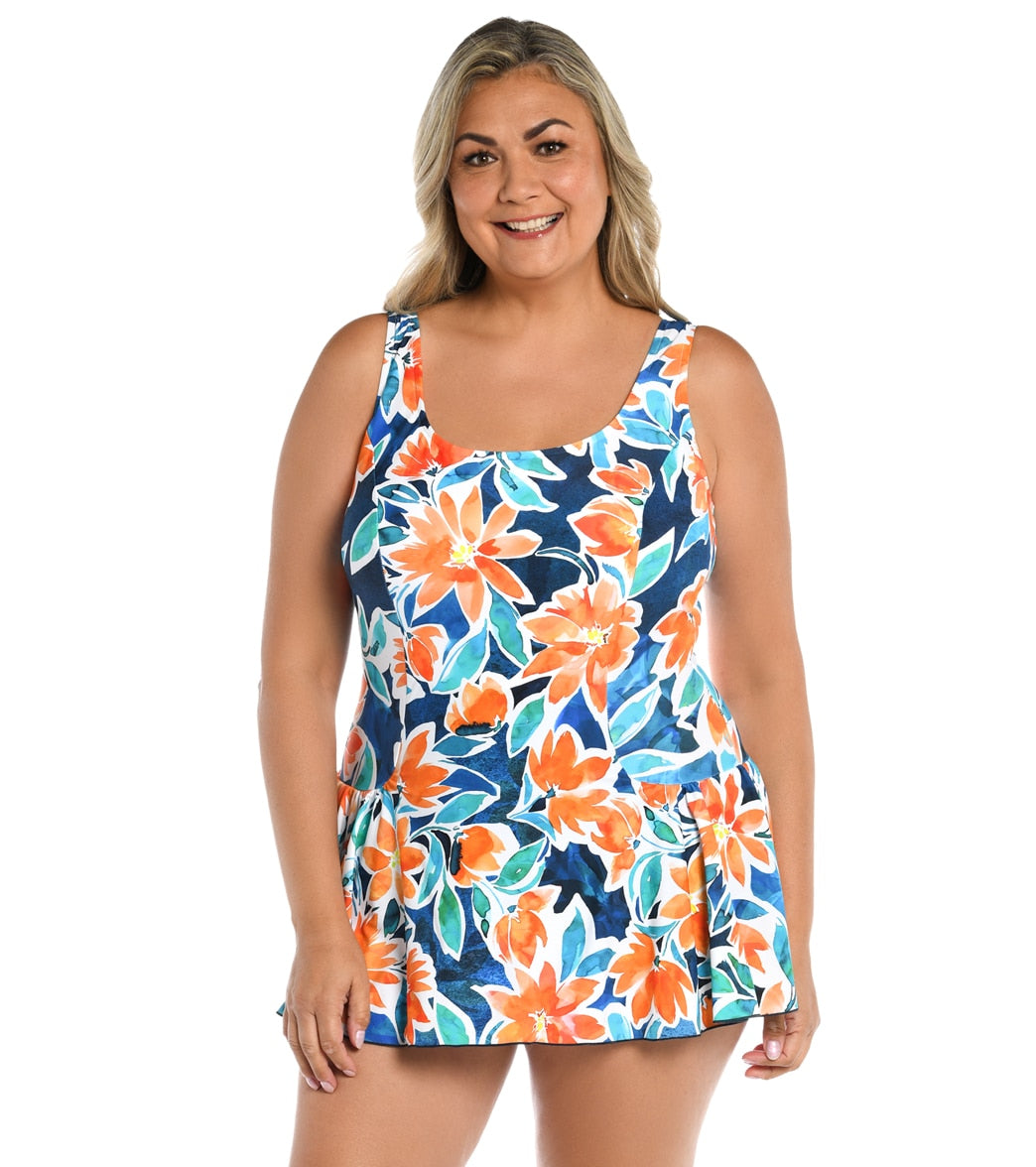Maxine Women's Plus Size Joyful Blooms Princess Seam Swim Dress Multi