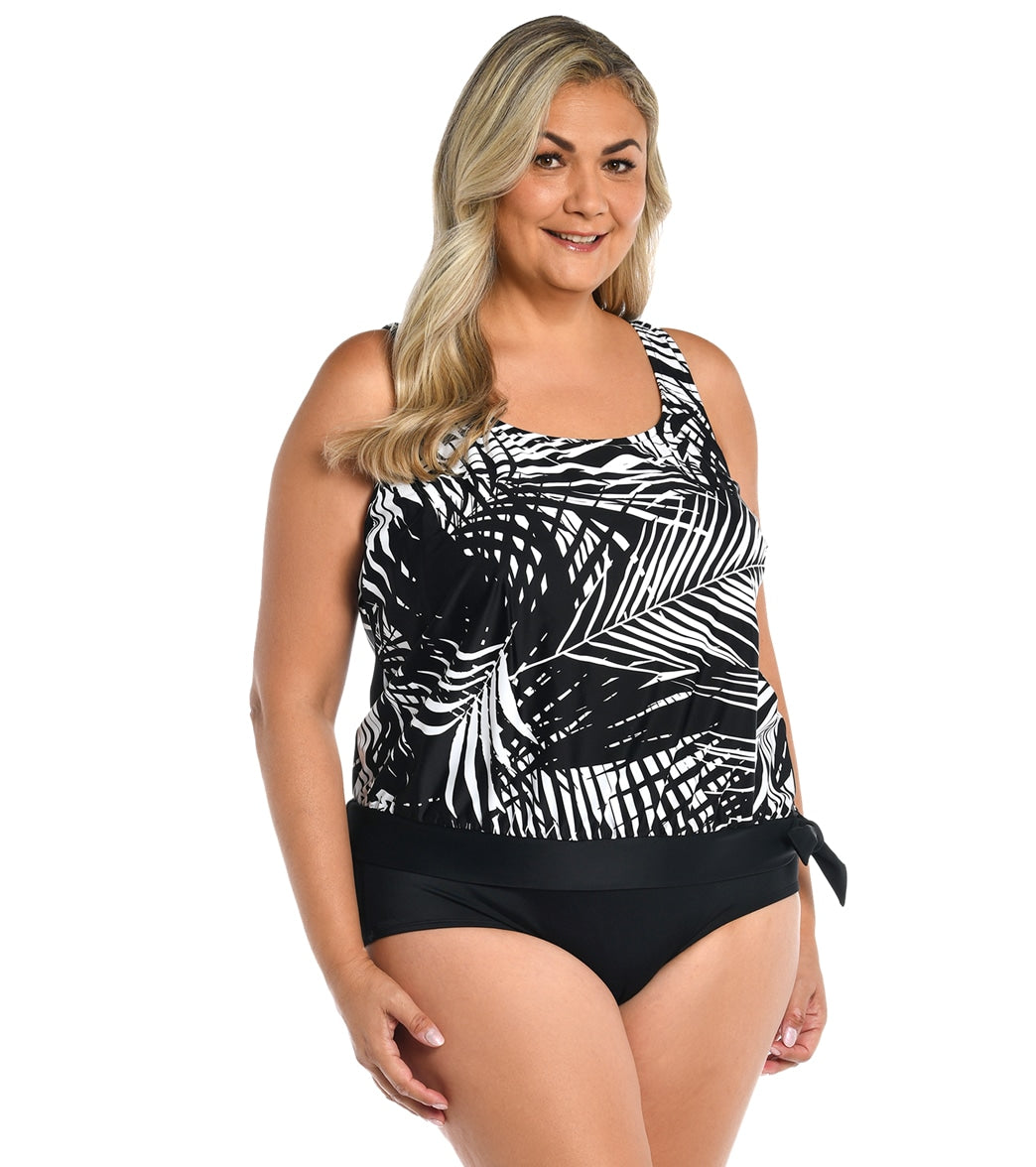 Maxine Womens Plus Size Shadow Palms Banded Scoop Blouson Tankini Top