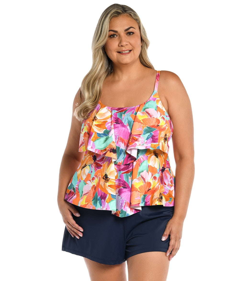 Maxine Women's Plus Size Sunset Bouquet Double Tiered Tankini Top at