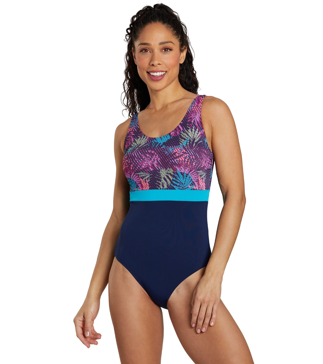 Dolfin Womens Aquashape Color Block Moderate Scoop Back Chlorine Resistant One Piece Swimsuit