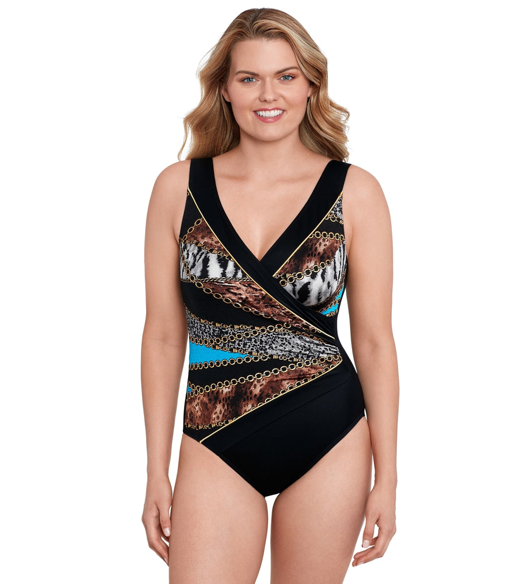Longitude Womens Bengal Piped Side Shirred Surplice Long Torso One Piece Swimsuit