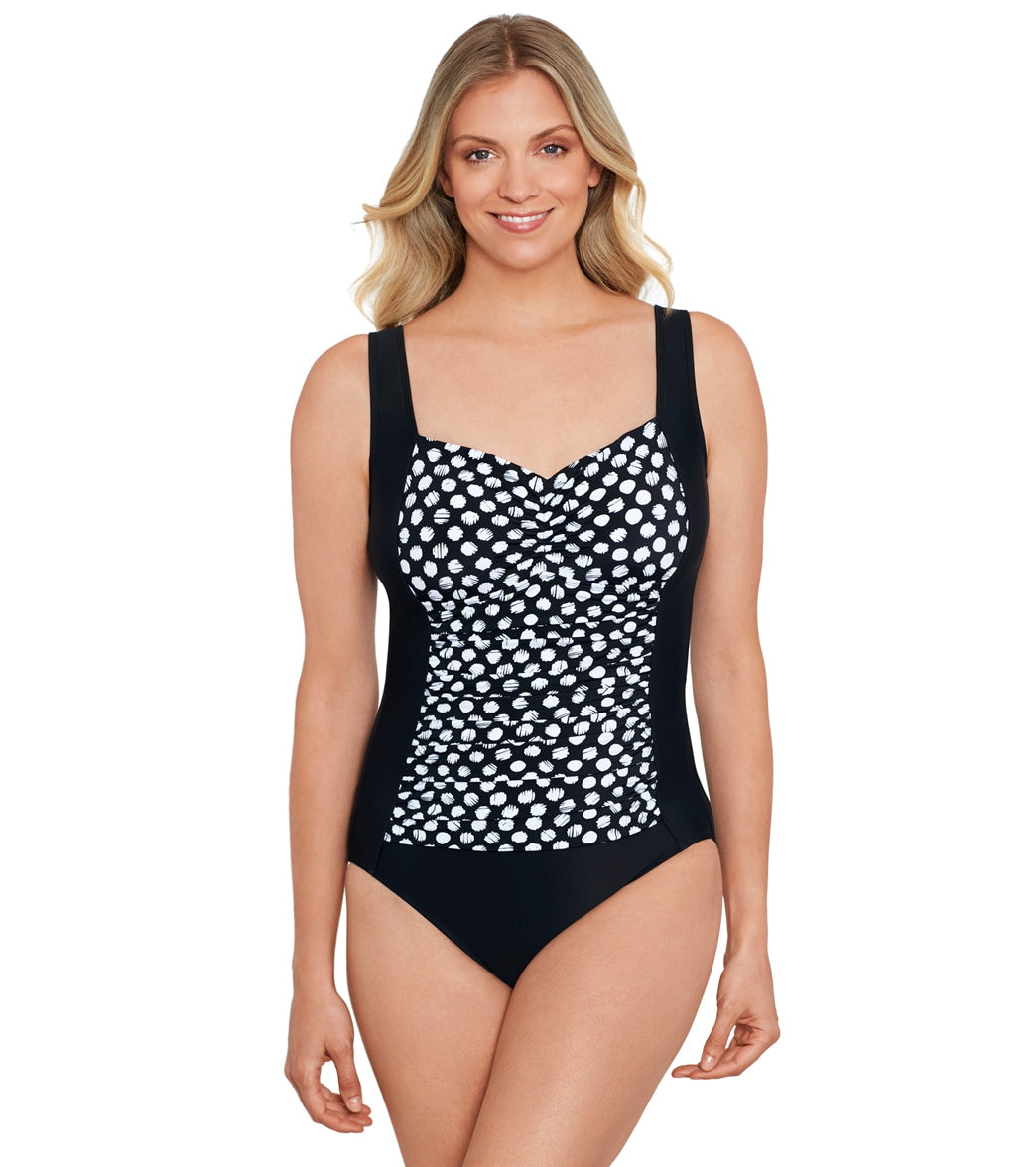 Shape Solver By Penbrooke Womens Spots Shirred Bodice One Piece Swimsuit