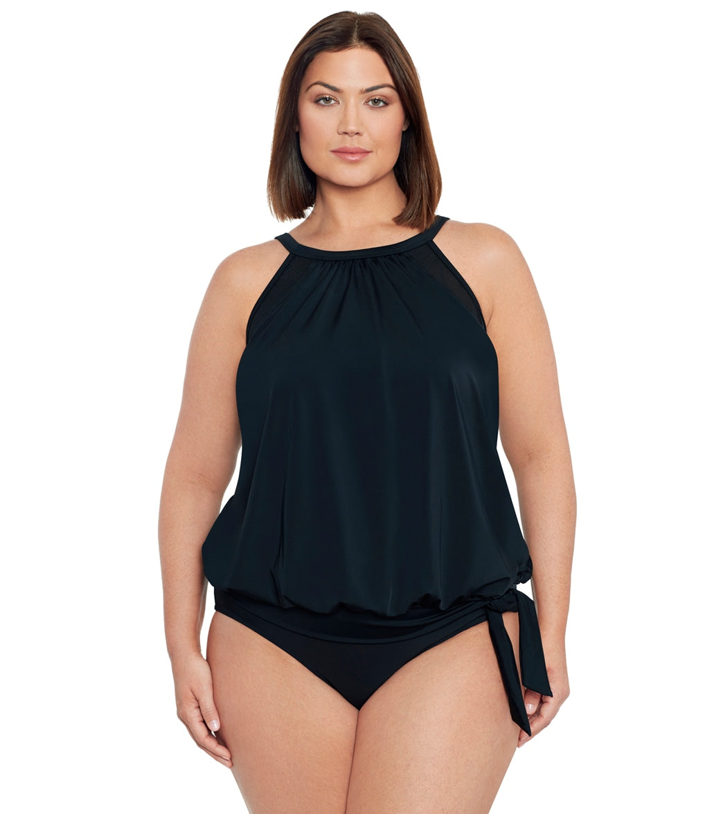 Shape Solver By Penbrooke Womens Plus Size Meshed Up High Neck Blouson Tankini Top