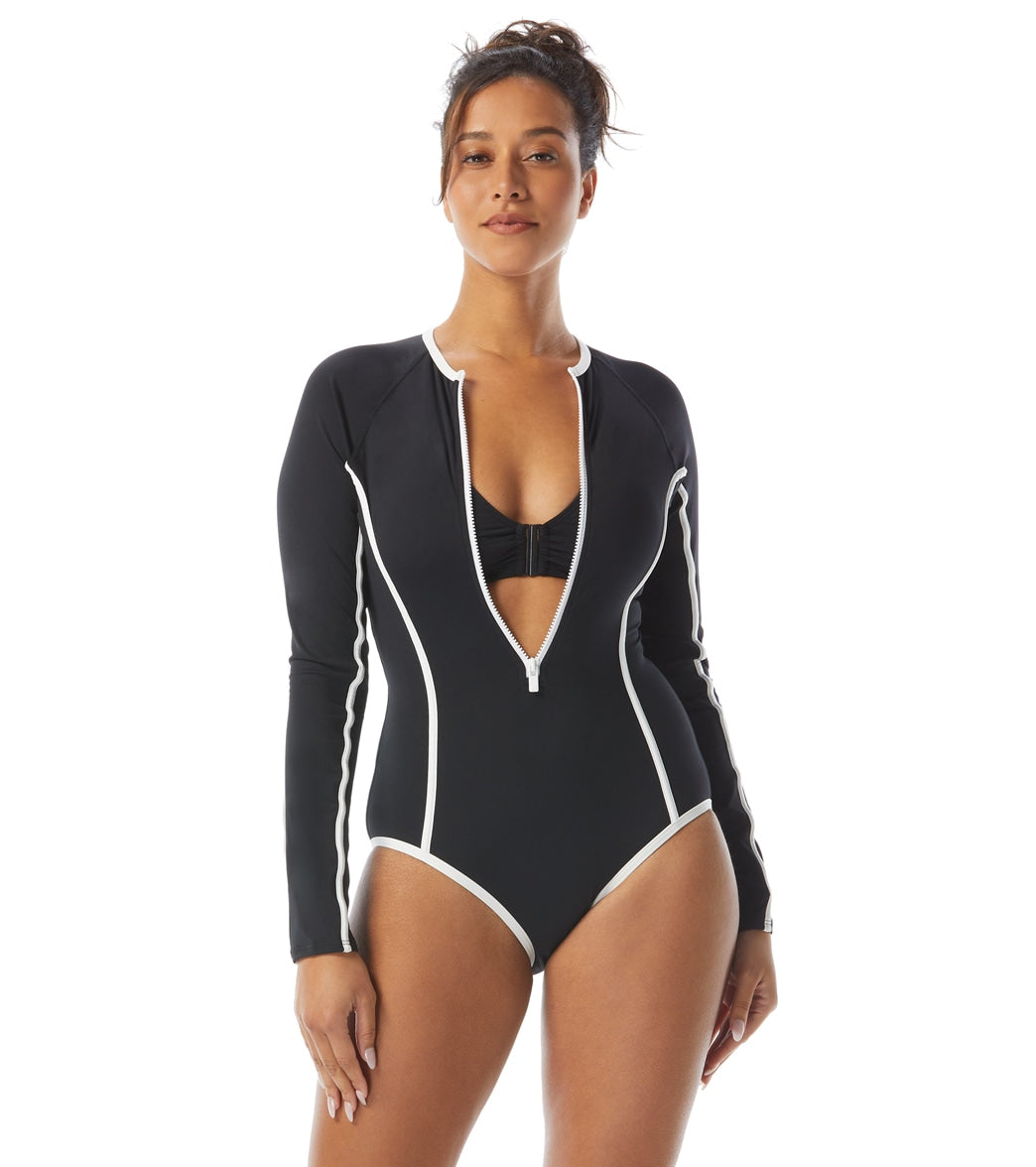 Beach House Womens Piping Solid Sculpt Long Sleeve Zip Front Two Piece Swimsuit