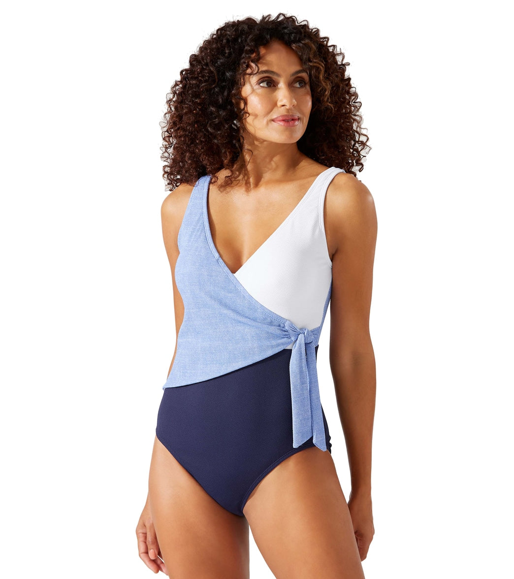 Tommy Bahama Womens Island Cays Colorblock Wrap Front One Piece Swimsuit