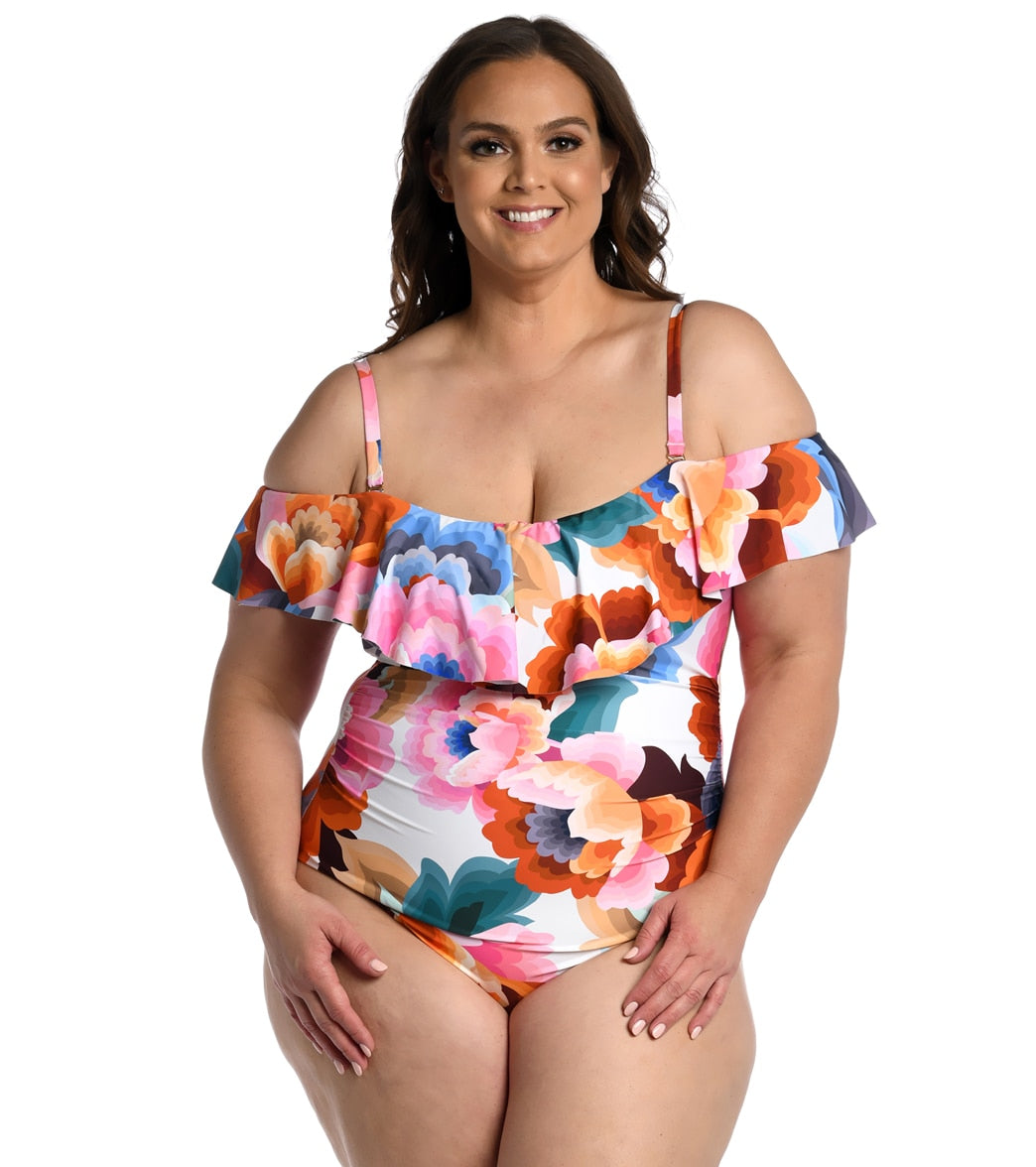 La Blanca Womens Plus Floral Rhythm Ruffle One Piece Swimsuit