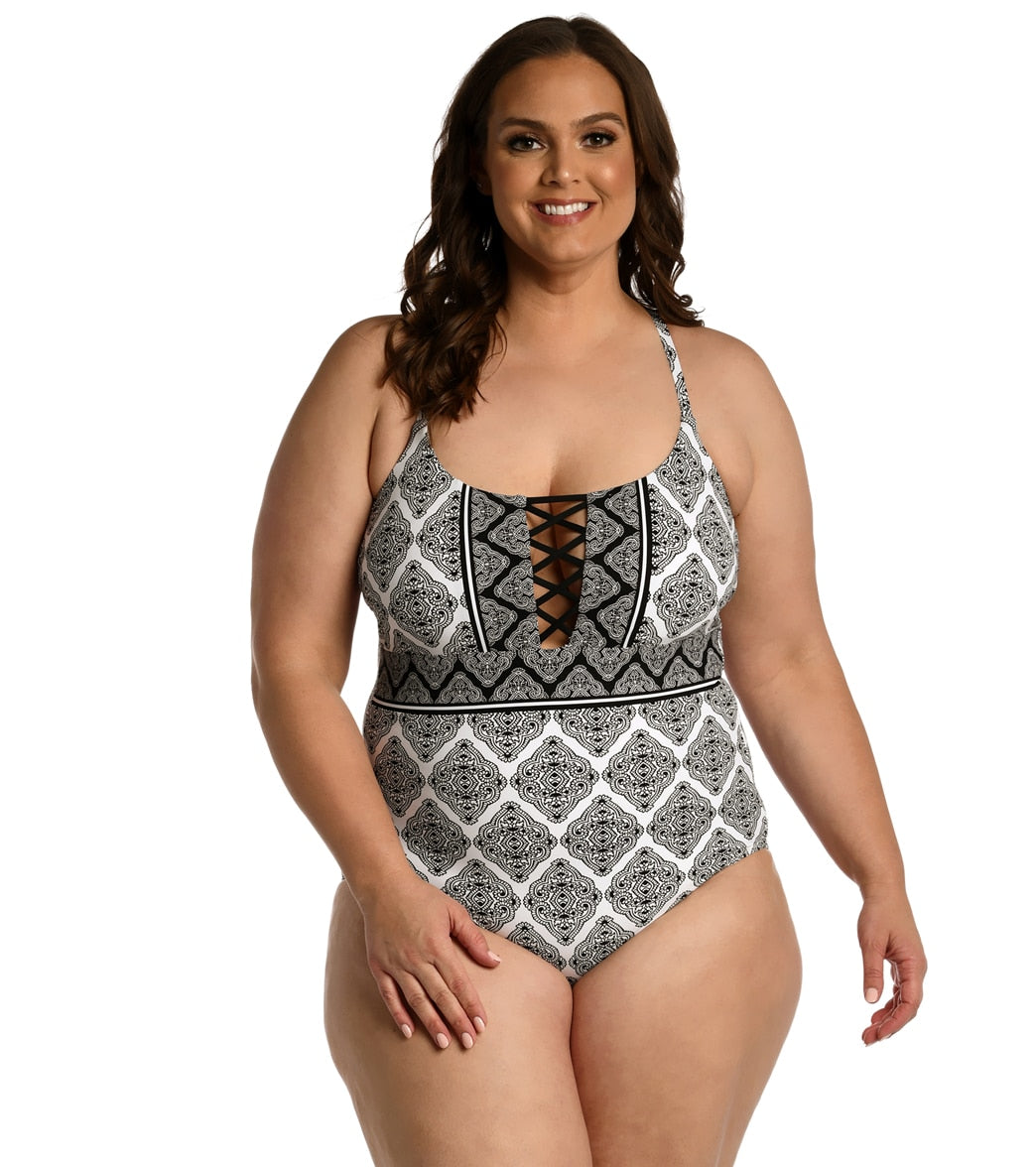 La Blanca Womens Plus Oasis Tile Strappy One Piece Swimsuit
