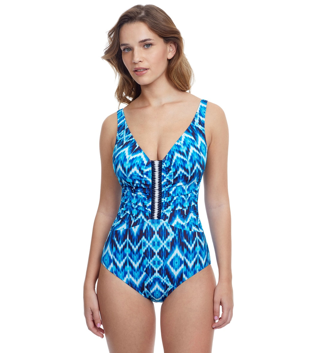 Profile by Gottex Womens Ocean Blues V Neck One Piece Swimsuit