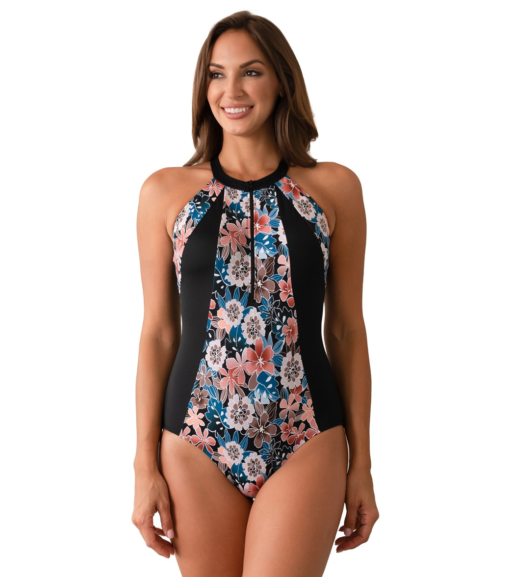 Fit4U Womens Moon Shadow High Neck Zip One Piece Swimsuit (C Cup)