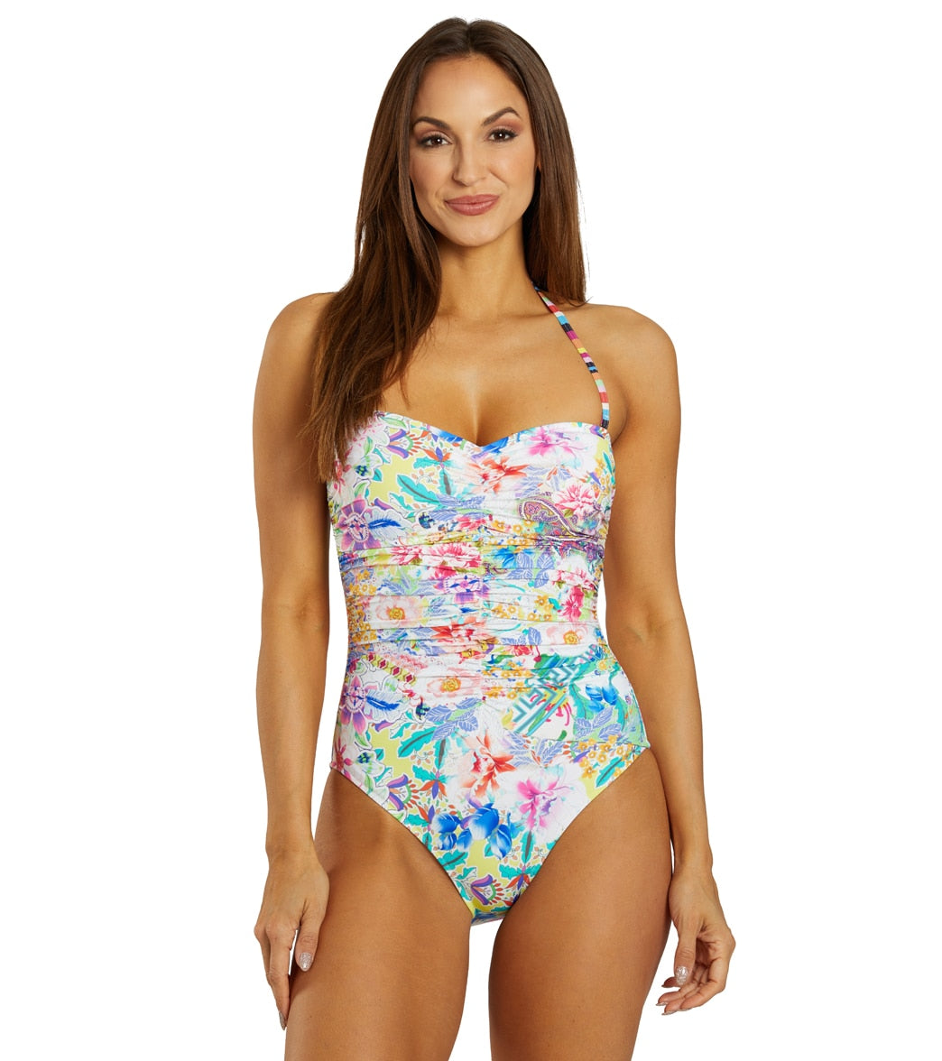 Johnny Was Womens Floral Peace Ruched Sweetheart One Piece Swimsuit