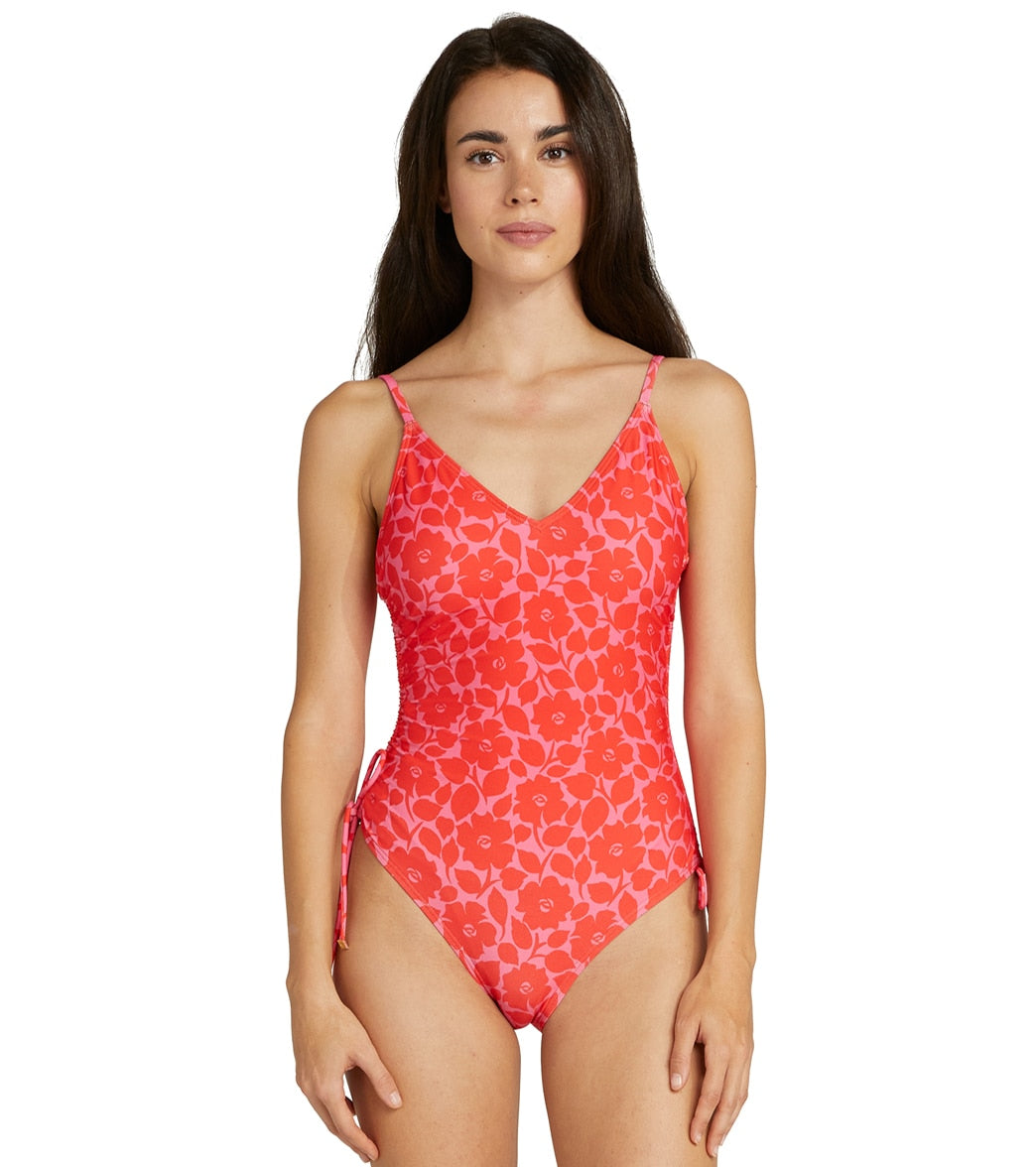 Kate Spade New York Womens Rosy Garden Shirred V Neck One Piece Swimsuit