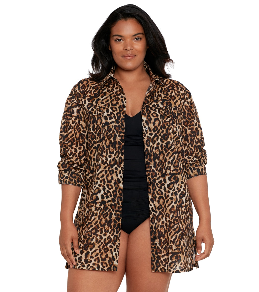 Lauren Ralph Lauren Womens Plus Size Leopard Camp Cover Up Shirt
