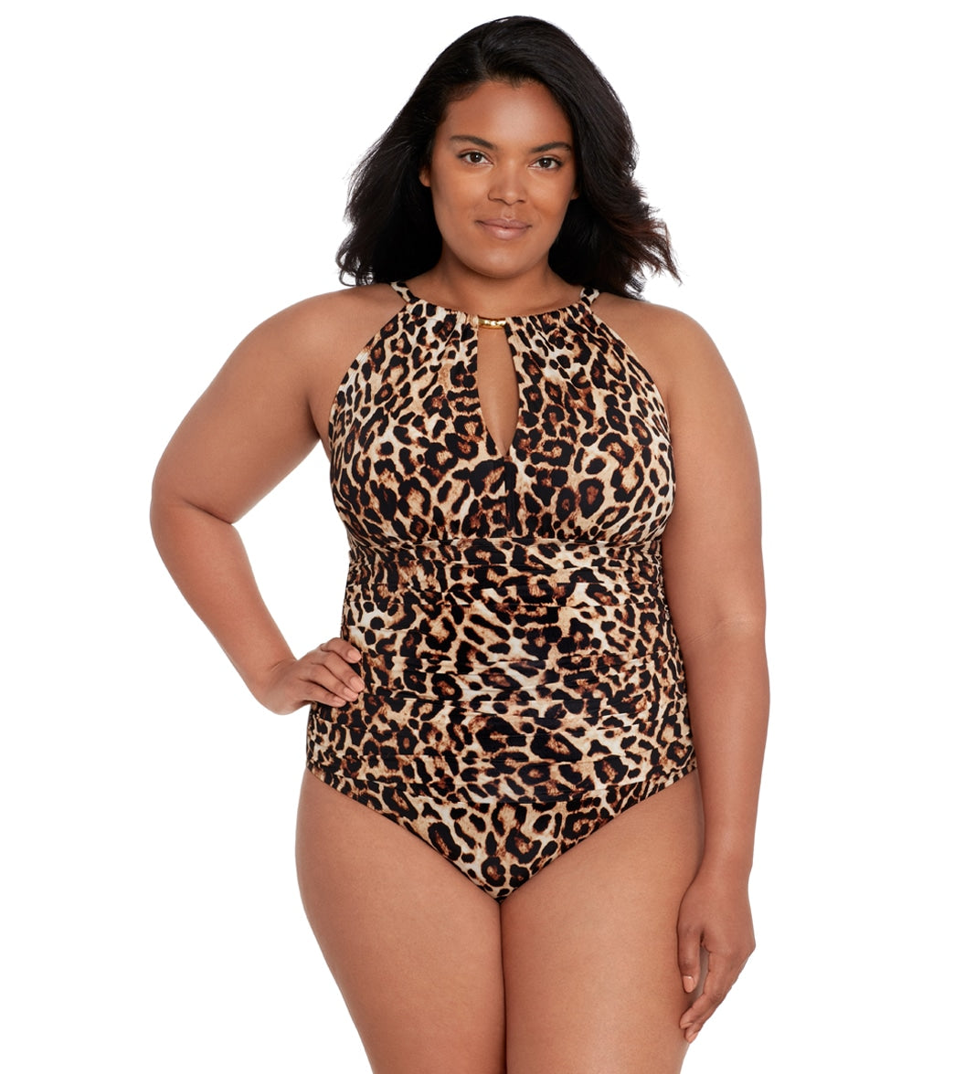 Lauren Ralph Lauren Womens Plus Size Leopard High Neck One Piece Swimsuit